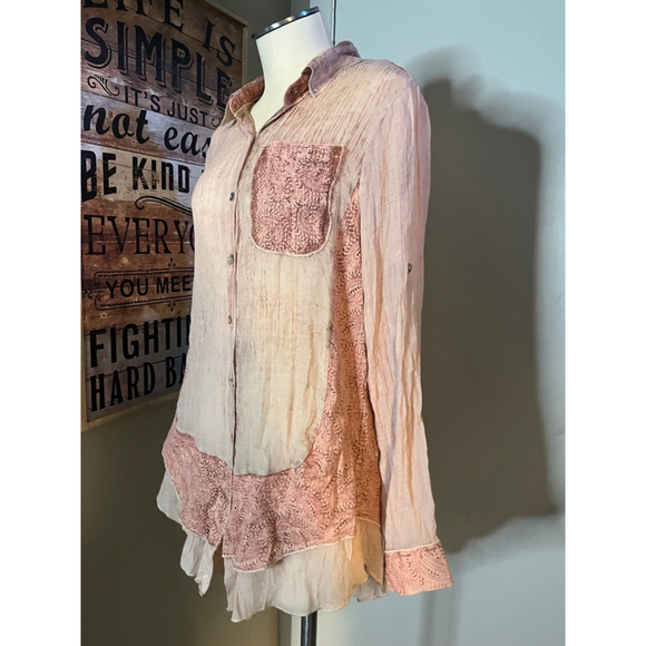 nwt womens coral pink blouse lacy design roll tab size med - Picture 1 of 16